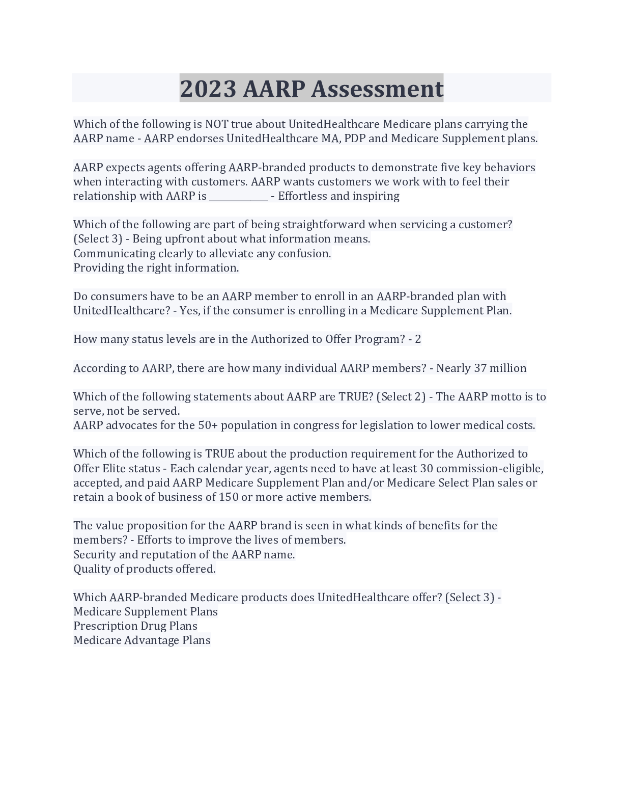 Preview image for 2023 AARP Assessment Answered Questions And Answers